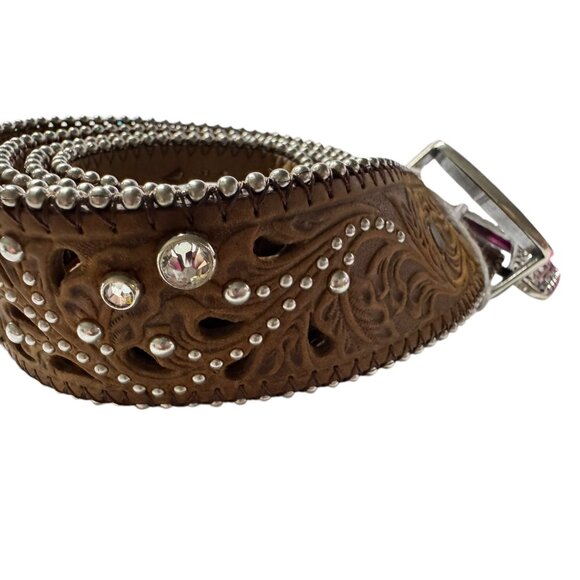 Justin Western Style Leather Belt With Silver Rhinestone Buckle & Floral Cutouts - Picture 6 of 10